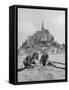 American Travelers Building a Sand Replica of France's Medieval Abbey at Mont Saint Michel-Yale Joel-Framed Stretched Canvas