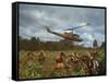 American UH1 Huey Helicopter Lifting Off as Personnel on the Ground Protect Themselves-Larry Burrows-Framed Stretched Canvas