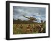 American UH1 Huey Helicopter Lifting Off as Personnel on the Ground Protect Themselves-Larry Burrows-Framed Premium Photographic Print