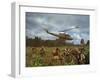 American UH1 Huey Helicopter Lifting Off as Personnel on the Ground Protect Themselves-Larry Burrows-Framed Premium Photographic Print