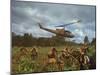 American UH1 Huey Helicopter Lifting Off as Personnel on the Ground Protect Themselves-Larry Burrows-Mounted Premium Photographic Print