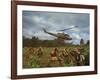 American UH1 Huey Helicopter Lifting Off as Personnel on the Ground Protect Themselves-Larry Burrows-Framed Photographic Print