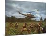 American UH1 Huey Helicopter Lifting Off as Personnel on the Ground Protect Themselves-Larry Burrows-Mounted Photographic Print