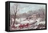 American Winter Evening Scene-Currier & Ives-Framed Stretched Canvas