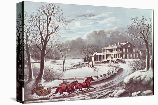 American Winter Evening Scene-Currier & Ives-Stretched Canvas