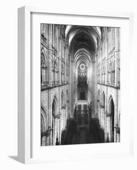 Amiens Cathedral Showing High Vaulted Arches, Rose Window in Distance, Sublime Gothic Expression-Nat Farbman-Framed Photographic Print