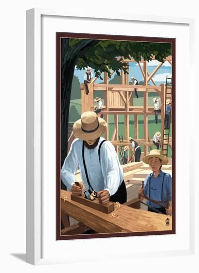 Amish Barnraising Scene-Lantern Press-Framed Art Print