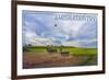 Amish Country - Farmer and Hot Air Balloons-Lantern Press-Framed Art Print