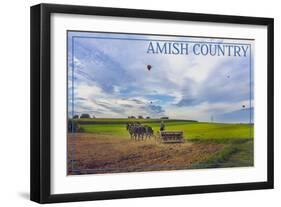 Amish Country - Farmer and Hot Air Balloons-Lantern Press-Framed Art Print