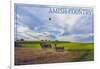 Amish Country - Farmer and Hot Air Balloons-Lantern Press-Framed Art Print