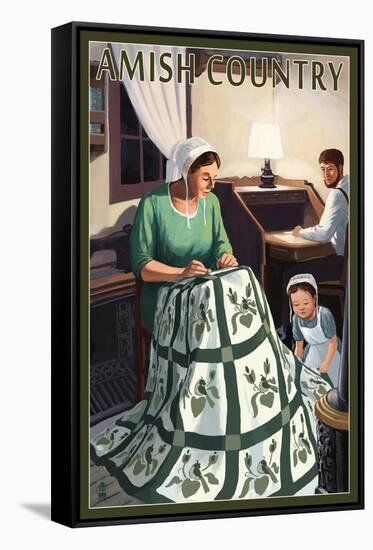 Amish Country - Quilting Scene-Lantern Press-Framed Stretched Canvas