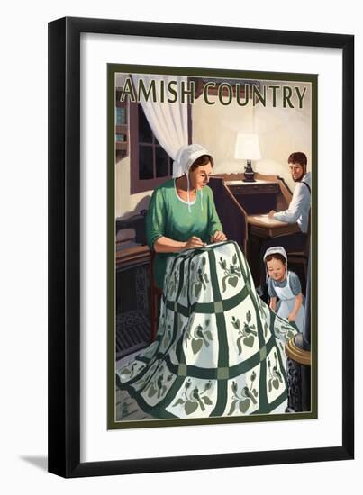 Amish Country - Quilting Scene-Lantern Press-Framed Art Print