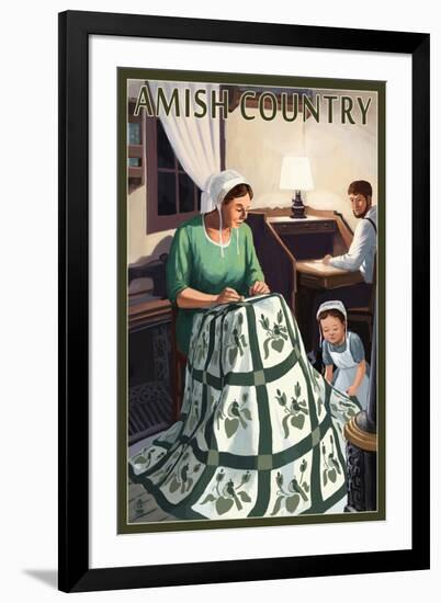 Amish Country - Quilting Scene-Lantern Press-Framed Art Print