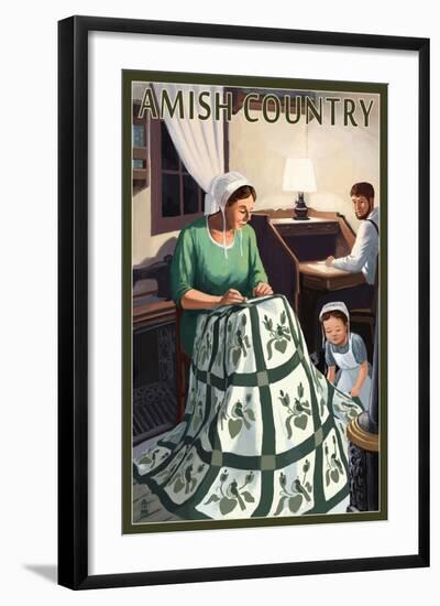 Amish Country - Quilting Scene-Lantern Press-Framed Art Print