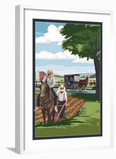 Amish Farmers and Buggy-Lantern Press-Framed Art Print