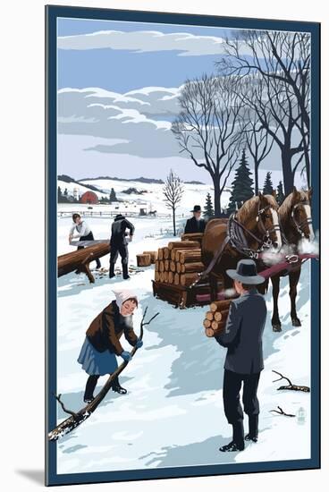 Amish Gathering Firewood Winter Scene-Lantern Press-Mounted Art Print