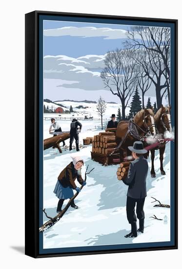 Amish Gathering Firewood Winter Scene-Lantern Press-Framed Stretched Canvas