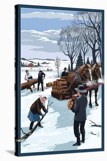 Amish Gathering Firewood Winter Scene-Lantern Press-Stretched Canvas