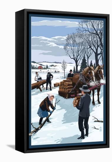 Amish Gathering Firewood Winter Scene-Lantern Press-Framed Stretched Canvas