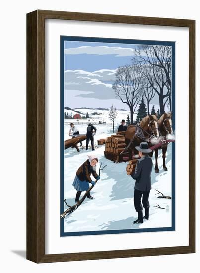 Amish Gathering Firewood Winter Scene-Lantern Press-Framed Art Print