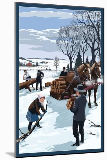 Amish Gathering Firewood Winter Scene-Lantern Press-Mounted Art Print