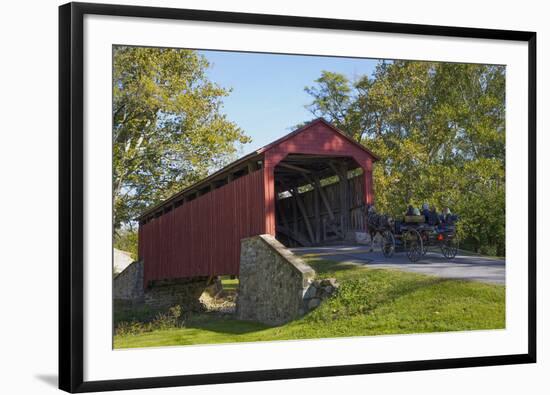 Amish Horse-drawn Buggy, Pool Forge Covered Bridge, built in 1859, Lancaster County, Pennsylvania,-Richard Maschmeyer-Framed Photographic Print