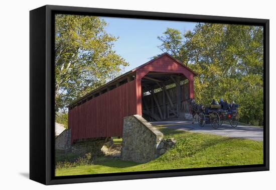 Amish Horse-drawn Buggy, Pool Forge Covered Bridge, built in 1859, Lancaster County, Pennsylvania,-Richard Maschmeyer-Framed Stretched Canvas