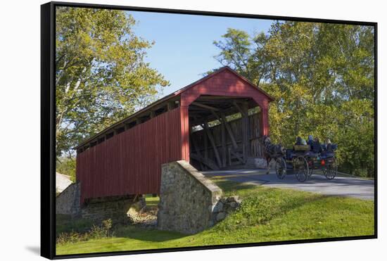 Amish Horse-drawn Buggy, Pool Forge Covered Bridge, built in 1859, Lancaster County, Pennsylvania,-Richard Maschmeyer-Framed Stretched Canvas