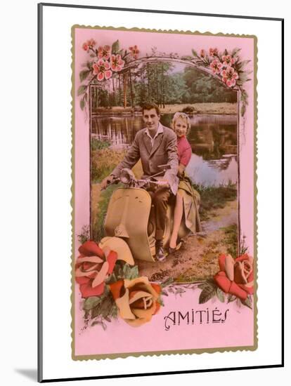 Amities, French Couple on Scooter-null-Mounted Art Print