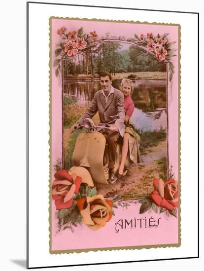 Amities, French Couple on Scooter-null-Mounted Art Print