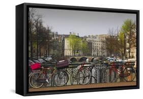 Amsterdam Bicycles on Bridge over Canal-Anna Miller-Framed Stretched Canvas