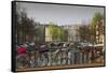 Amsterdam Bicycles on Bridge over Canal-Anna Miller-Framed Stretched Canvas