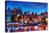 Amsterdam Skyline with Canal at Night-Martina Bleichner-Stretched Canvas