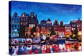 Amsterdam Skyline with Canal at Night-Martina Bleichner-Stretched Canvas