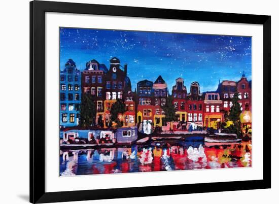 Amsterdam Skyline with Canal at Night-Martina Bleichner-Framed Art Print