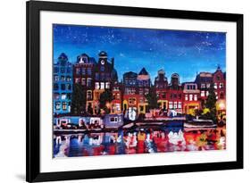 Amsterdam Skyline with Canal at Night-Martina Bleichner-Framed Art Print