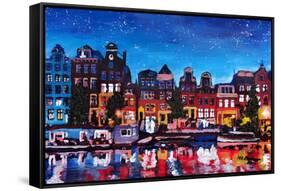 Amsterdam Skyline with Canal at Night-Martina Bleichner-Framed Stretched Canvas