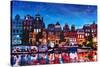 Amsterdam Skyline with Canal at Night-Martina Bleichner-Stretched Canvas