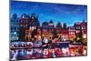 Amsterdam Skyline with Canal at Night-Martina Bleichner-Mounted Premium Giclee Print