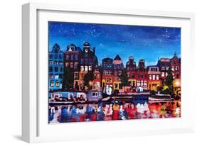 Amsterdam Skyline with Canal at Night-Martina Bleichner-Framed Art Print