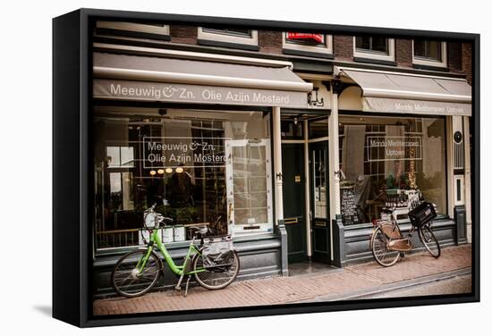 Amsterdam Storefront with Bikes-Erin Berzel-Framed Stretched Canvas