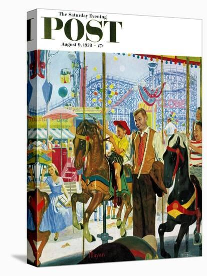 "Amusement Park Carousel" Saturday Evening Post Cover, August 9, 1958-Earl Mayan-Stretched Canvas