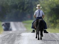 With a Buggy Approaching in the Distance, an Amish Boy Heads Down a Country Road on His Pony-Amy Sancetta-Photographic Print