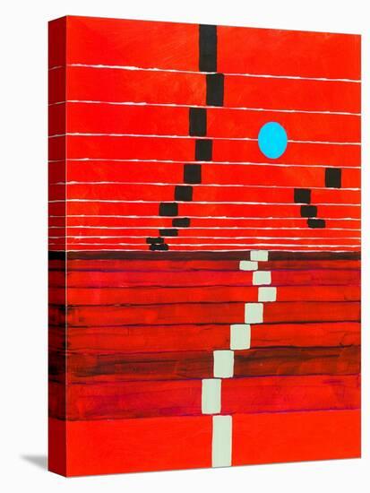 An Abstract Painting; Receding Stripes on a Red Background, with Floating Blue Circle.-null-Stretched Canvas