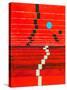 An Abstract Painting; Receding Stripes on a Red Background, with Floating Blue Circle.-null-Stretched Canvas