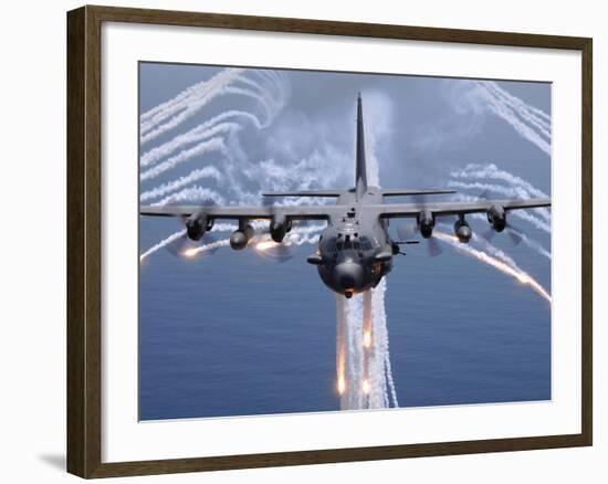 An AC-130H Gunship Aircraft Jettisons Flares As An Infrared Countermeasure-Stocktrek Images-Framed Photographic Print