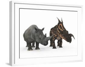 An Adult Einiosaurus Compared to a Modern Adult White Rhinoceros-Stocktrek Images-Framed Photographic Print