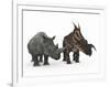 An Adult Einiosaurus Compared to a Modern Adult White Rhinoceros-Stocktrek Images-Framed Photographic Print