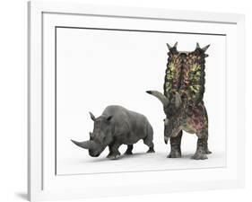 An Adult Pentaceratops Compared to a Modern Adult White Rhinoceros-Stocktrek Images-Framed Photographic Print