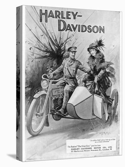 An Advertisement for Harley- Davidson Showing a Soldier Taking His Lady Friend for a Ride-null-Stretched Canvas